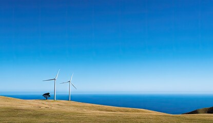 Two wind turbines stand sentinel on a sun-drenched hill overlooking a tranquil expanse of azure ocean, a lone tree marking the terrain's quiet beauty.