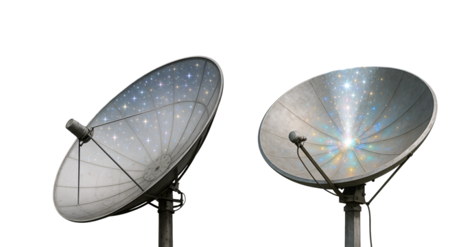 Set of satellite dishes: Communication satellite dishes on a transparent background. Communication. Space. Technology.