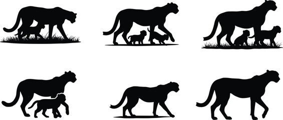 PrintCheetah silhouette with cubs, wild predator family vector, big cat wildlife illustration, mother cheetah walking, jungle animal design, safari nature artwork