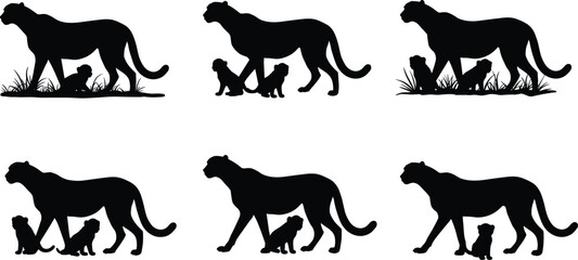 PrintCheetah silhouette family with cubs, wild predator big cat illustration, mother cheetah walking in nature, safari jungle animal design artwork