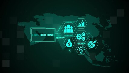 Link Building, Hologram Futuristic Interface Concept. Business, Technology, Internet and network concept. Digital world map technology background. - Powered by Adobe