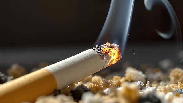 High resolution close-up of burning cigarette with ash and smoke cinematic ai-generated video. Cinematic slow motion of cigarette ember in pile of ash with drifting smoke ai-generated video.