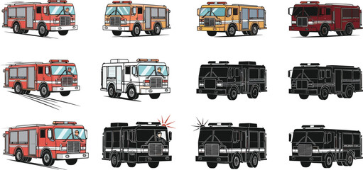 PrintCollection of colorful fire truck illustrations, emergency rescue vehicle icons, firefighter transportation vector set, silhouette and detailed fire engine graphics