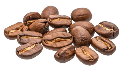 Obraz premium A close-up view of freshly roasted coffee beans scattered on a white background. their rich brown color and unique textures. perfect for culinary or beverage-related content