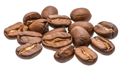 A close-up view of freshly roasted coffee beans scattered on a white background. their rich brown color and unique textures. perfect for culinary or beverage-related content
