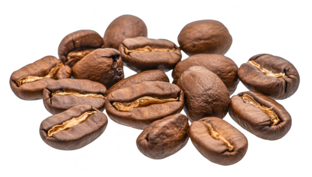 A close-up view of freshly roasted coffee beans scattered on a white background. their rich brown color and unique textures. perfect for culinary or beverage-related content