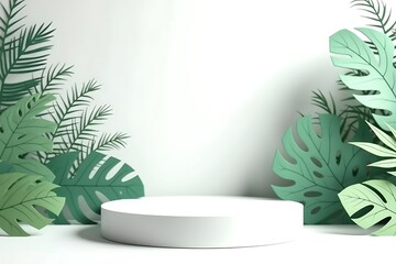 White product display stand surrounded by lush green tropical paper leaves