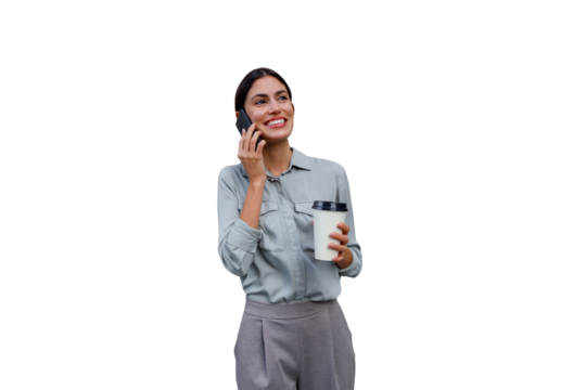 Cheerful businesswoman enjoying a phone call, holding a coffee cup, communicating professionally on a transparent background