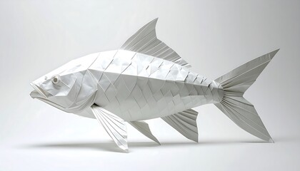 A detailed studio shot of a white origami fish, skillfully folded. It is a lifelike representation, with delicate fin details
