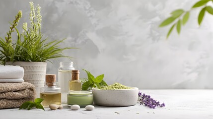 Spa still life with essential oil, herbs and towels on light background.