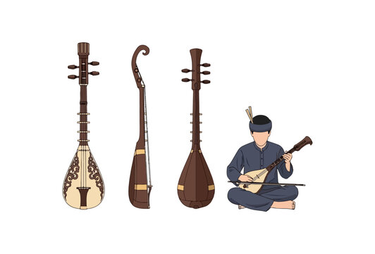Traditional Kazakh Musical Instruments: Dombra, Kobyz, and Saz, with Musician