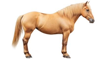 A beautiful golden horse standing majestically against a white background. its muscular build and flowing mane. ideal for equestrian-themed projects and animal photography