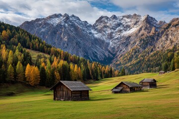 Obraz premium Alpine meadows with barns in Autumn, Dolomites, Italy 