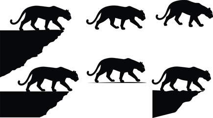 PrintPanther silhouette walking on cliff edge, wild jaguar predator vector, dangerous jungle feline artwork, exotic animal design, wildlife illustration drawing