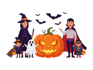 A Spooktacular Family Halloween: A festive family, adorned in vibrant costumes, embodies the spirit of Halloween with a carved pumpkin and spooky decorations. 