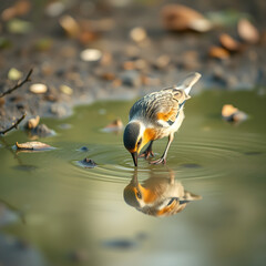 A bird is drinking water from a pond