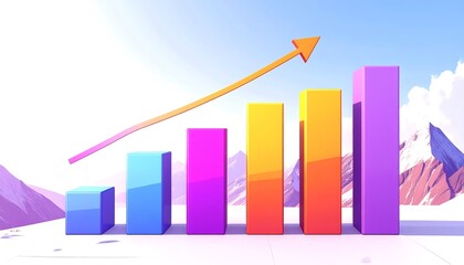 Colorful bar graph chart showing upward trend against a backdrop of mountains