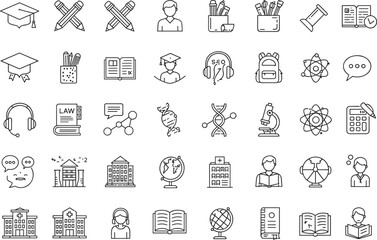 Education icons, school symbols, graduation cap icons, student learning graphics, science symbols, book icons, pencil icons, university, knowledge, academic