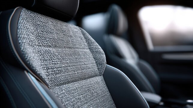Focused shot of a recycled textile seat cover in a modern car interior emphasizing lowemission biobased materials with unobtrusive blurred surroundings.