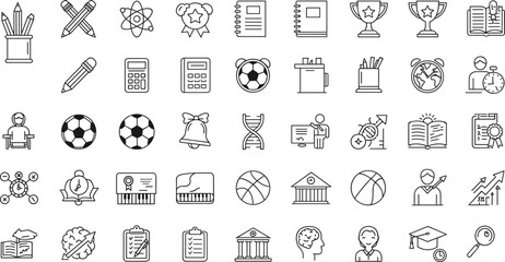 Education icons, school symbols, learning tools, academic elements, student life, study icons, classroom graphics, university symbols, knowledge icons, graduation elements