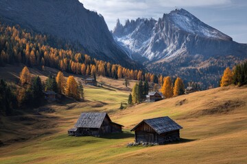 Alpine meadows with barns in Autumn, Dolomites, Italy
