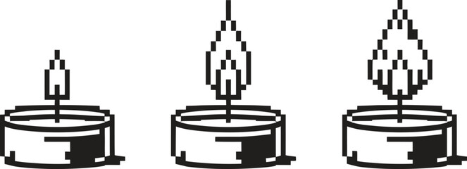 Three simple line art tea light candles with flames burning