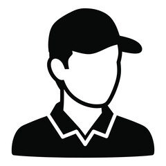 Simple silhouette icon of a person wearing a baseball cap and polo shirt represents uniformed worker or athlete silhouette