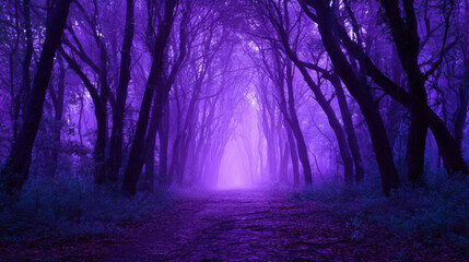 Obraz premium Mystic forest path purple glow guide dreamy walk under arching trees