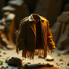A jacket with fringes is floating in the air