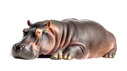 Large hippopotamus rests peacefully on transparent background showcasing its textured skin and massive body. serene expression adds touch of tranquility to scene