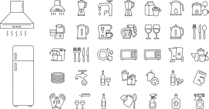 Kitchen icon set, household appliance symbols, cooking tools, cleaning graphics, food prep elements, vector illustration, minimal design assets