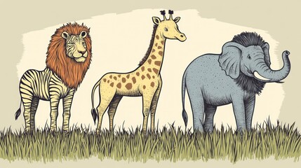 Diverse safari animals zebra lion giraffe and elephant illustration