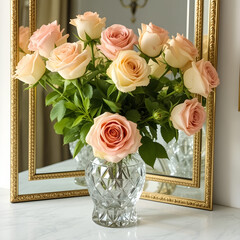 A vase of pink and white roses sits on a table in front of a mirror