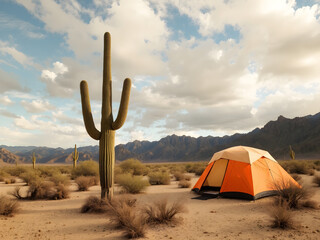 A desert scene with a large cactus and a tent