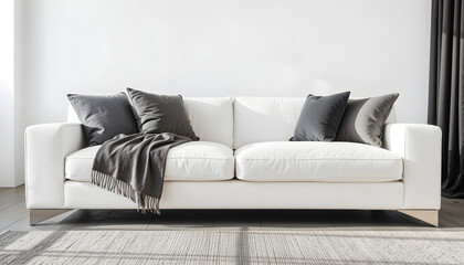 A white couch with a black blanket on it