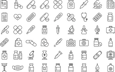 Medical icon set, healthcare symbols, hospital equipment, doctor tools, pharmacy items, emergency kit, clinical supplies, health infographic, vector illustration