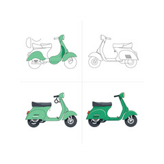 Four stages of a green scooter illustration showing design and coloring process