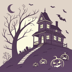 Spooky Halloween House on a Hill with Bats and Pumpkins