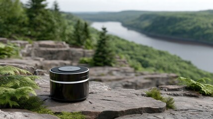 Stylish wireless earbuds placed on rounded rocks beside a tranquil river, with lush greenery and mountains in the backdrop