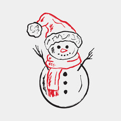 Hand drawn snowman in red knitted scarf and Santa hat. Vector sketch illustration in vintage crayon style. Merry Christmas and Happy New year. Retro Christmas decoration, print