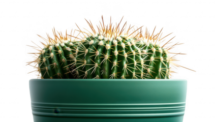 A green cactus with sharp spines sits in a modern teal pot. illuminated against a bright white background. ideal for home decor or gardening themes