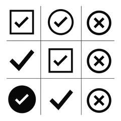 Collection of checkmark and cross symbols for decision making and approval simple icons set silhouette