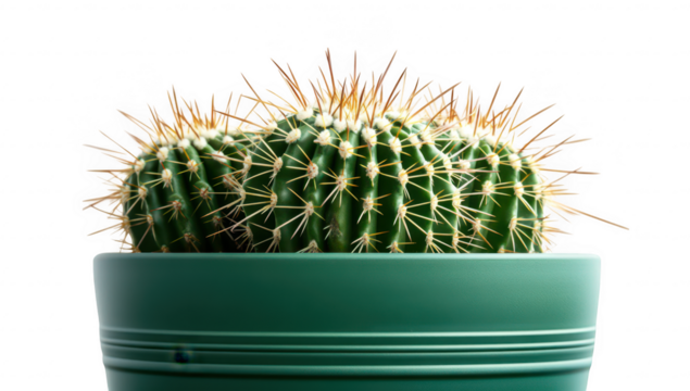 A green cactus with sharp spines sits in a modern teal pot. illuminated against a bright white background. ideal for home decor or gardening themes