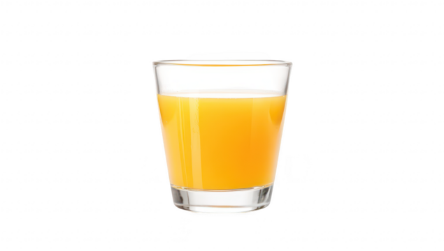 A clear glass filled with orange juice sits on a clean white surface. reflecting light and its refreshing appearance. ideal for beverage-related content
