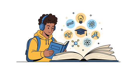 Illustration of a student with headphones reading a book with educational icons floating around.