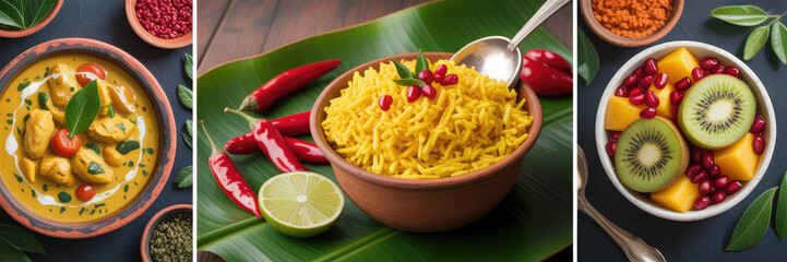 Delicious indian dishes featuring curry, rice, and fruit salad on display