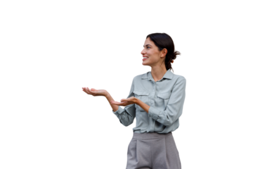 Woman standing in profile, gesturing with open hands, presenting content or product on transparent background