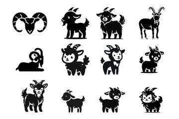 Collection of cute cartoon goats and ram silhouettes on white background