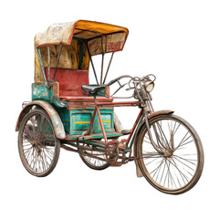 Fototapeta premium Vintage cycle rickshaw parked on city street, showcasing colorful design and craftsmanship