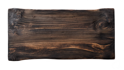 A rustic wooden plank with rich dark tones and visible grain patterns. ideal for culinary presentations or as a decorative backdrop in a cozy kitchen setting